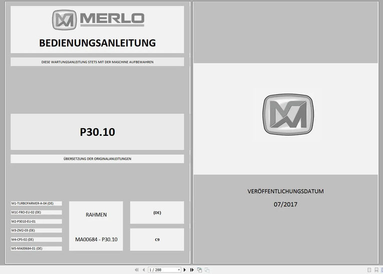 MERLO Machine Telehandlers PDF De_German Service Part Manual, Hydraulic & Electrical Diagram DVD Diezel365