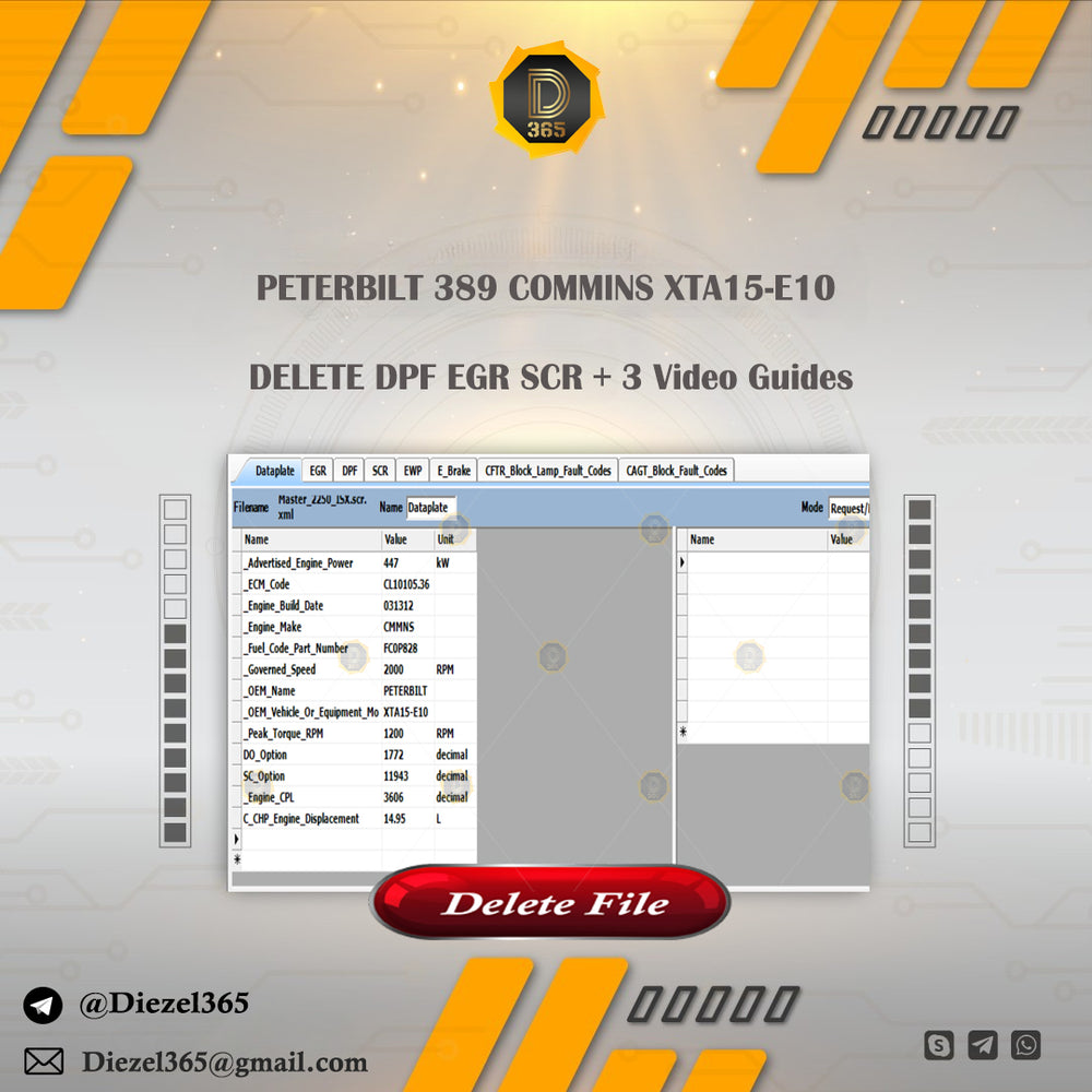 PETERBlLT 389 COMMlNS XTA15-E10 DELETE DPF EGR SCR + 3 Video Guides