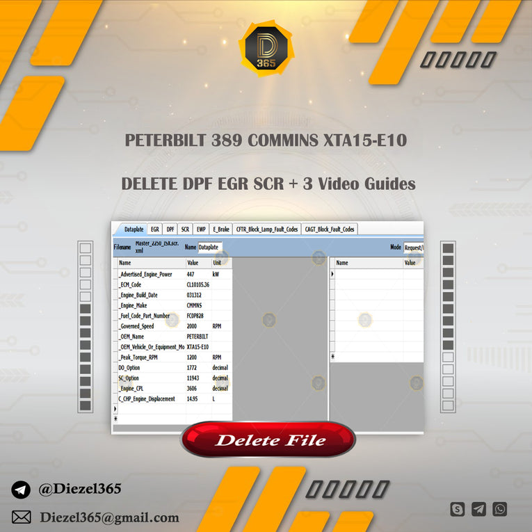 PETERBlLT 389 COMMlNS XTA15-E10 DELETE DPF EGR SCR + 3 Video Guides