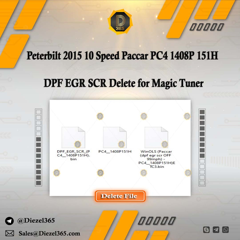 Peterbilt 2015 10 Speed Paccar PC4 1408P 151H DPF EGR SCR Delete for Magic Tuner