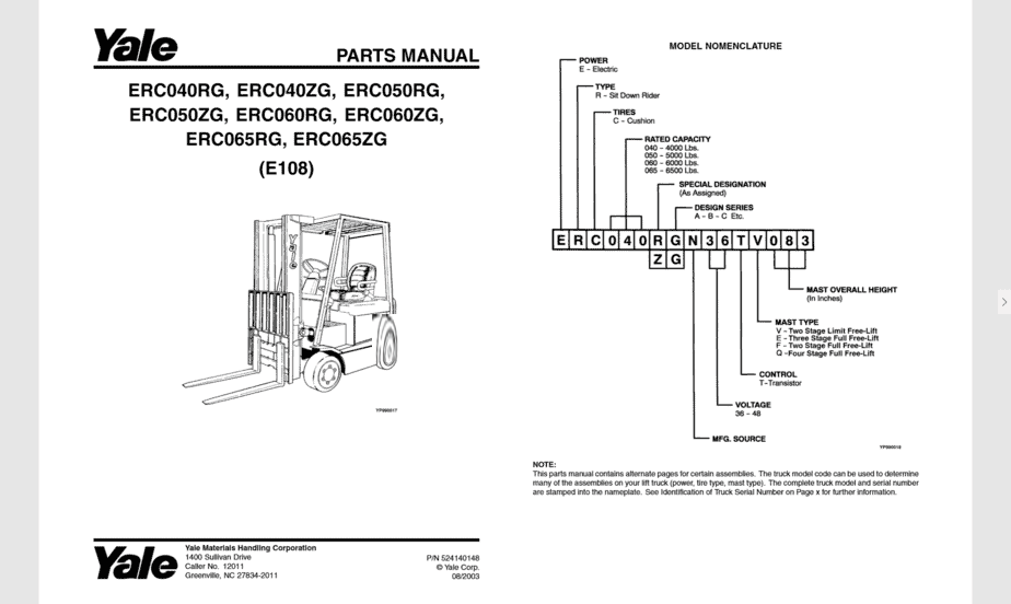 Yale Forklift Trucks Complete Set Parts book PDF